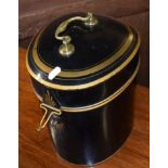 Early 20th century Tole-ware wig box of shaped triangular form, painted with gilt detail to a