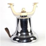 20th century large chromium fire bell with white painted cast metal bracket, 32cm high