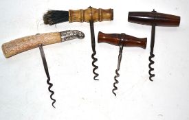 Plastic box containing quantity of corkscrews including one with silver top, one with bone handle