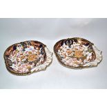 Pair of 19th century shell shaped Derby dishes with an Imari design, blue factory mark to base, 22cm