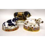 Group of three Royal Crown Derby paperweights with gold tops, including Friesian cow, Water