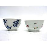 Pair of 18th century Chinese tea bowls, one blue and white, one with a polychrome design of flowers