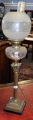 Late 19th/early 20th century brass Corinthian column oil lamp with cut glass font, replacement