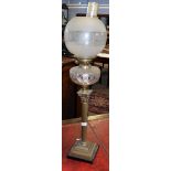 Late 19th/early 20th century brass Corinthian column oil lamp with cut glass font, replacement