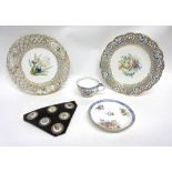 Sevres type cup and saucer together with two Sevres type plates with a pierced design to rim and