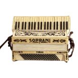 Soprani Three accordion made in Italy, together with original hard case.