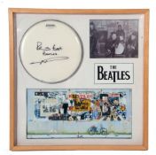 Large signed and framed montage of Beatles pictures including drum skin signed by Pete Best complete