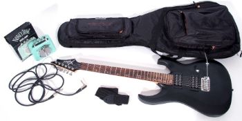 Cort X100 Open Pore Black guitar with gig bag, including HoneyTone mini-amp.