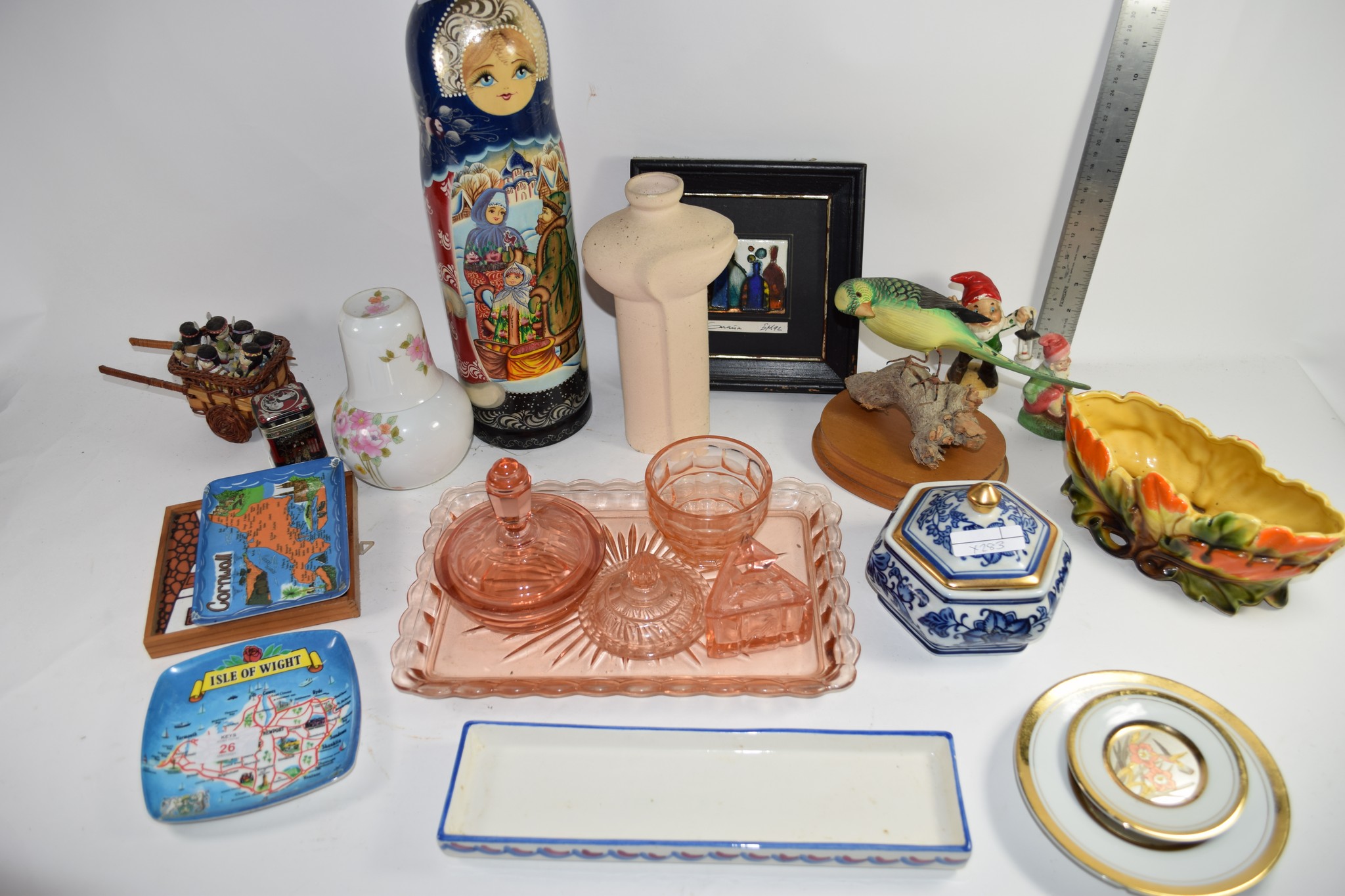 GROUP OF CERAMIC AND GLASS ITEMS INCLUDING A GLASS DRESSING TABLE SET, RUSSIAN DOLLS AND A WOODEN - Image 2 of 2