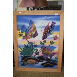 LARGE FABRIC PICTURE OF TROPICAL FISH IN A WOODEN FRAME