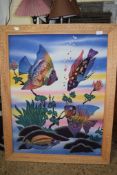 LARGE FABRIC PICTURE OF TROPICAL FISH IN A WOODEN FRAME