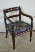 REGENCY STYLE CARVER CHAIR WITH TURNED LEGS AND LATER UPHOLSTERED SEAT APPROX WIDTH 49CM