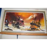 PICTURE OF SAILING SHIPS AND LIGHT HOUSE SIGNED HAWKES