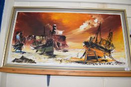 PICTURE OF SAILING SHIPS AND LIGHT HOUSE SIGNED HAWKES