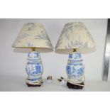 PAIR OF CERAMIC TABLE LAMPS AND SHADES WITH A BLUE AND WHITE CHINESE DESIGN