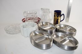 BOX OF KITCHEN GLASS WARE, METAL SERVING TRAYS, POTTERY JELLY DISH ETC