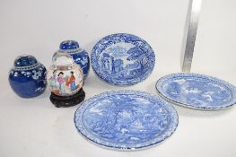 GROUP OF CERAMIC ITEMS INCLUDING TWO ORIENTAL GINGER JARS WITH DECORATION, TWO BOWLS IN COPELAND