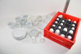 PLASTIC BOX CONTAINING QTY OF WHITE TEA WARES, CUPS, SAUCERS, SIDEPLATES ETC AND CONDEMENT SETS