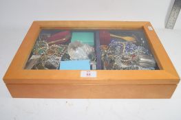 WOODEN CASE CONTAINING QTY COSTUME JEWELLERY