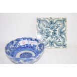 ORIENTAL PORCELAIN BLUE AND WHITE BOWL AND FURTHER CERAMIC TILE
