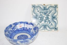 ORIENTAL PORCELAIN BLUE AND WHITE BOWL AND FURTHER CERAMIC TILE