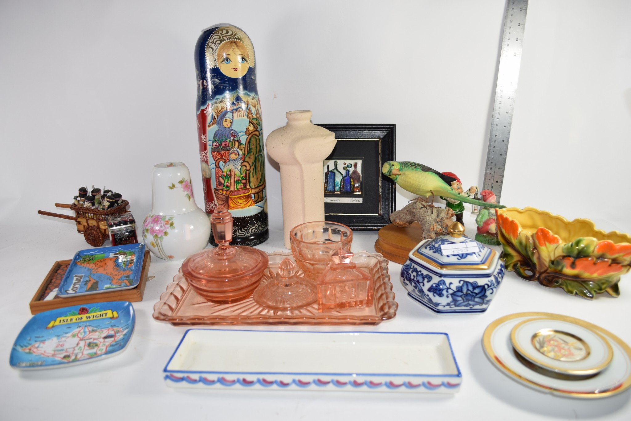 GROUP OF CERAMIC AND GLASS ITEMS INCLUDING A GLASS DRESSING TABLE SET, RUSSIAN DOLLS AND A WOODEN