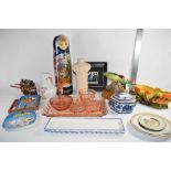 GROUP OF CERAMIC AND GLASS ITEMS INCLUDING A GLASS DRESSING TABLE SET, RUSSIAN DOLLS AND A WOODEN