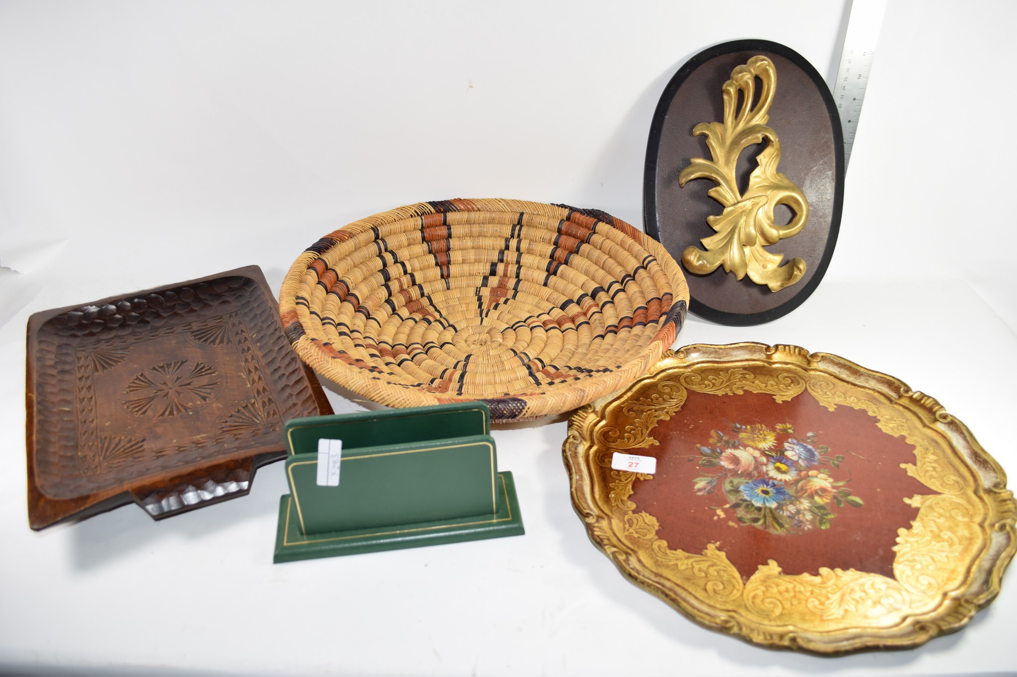 QTY OF WOODEN ITEMS, PAINTED SHAPED TRAY, WICKER WORK BASKET AND OTHER ITEMS