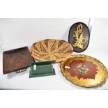 QTY OF WOODEN ITEMS, PAINTED SHAPED TRAY, WICKER WORK BASKET AND OTHER ITEMS