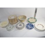 BOX QTY OF CERAMIC WARES TO INCLUDE A QTY OF ROYAL WORCESTER PUCE MARK SIDE PLATES AND BOWL MARKED