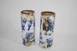 TWO SMALL ORIENTAL CYLINDRICAL VASES WITH BLUE AND WHITE DESIGN