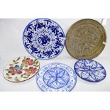 QTY OF POTTERY SERVING DISHES WITH BLUE AND WHITE FLORAL DESIGNS