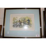 HORSE RACING PRINTS, ONE IN MAPLE TYPE WOODEN FRAME