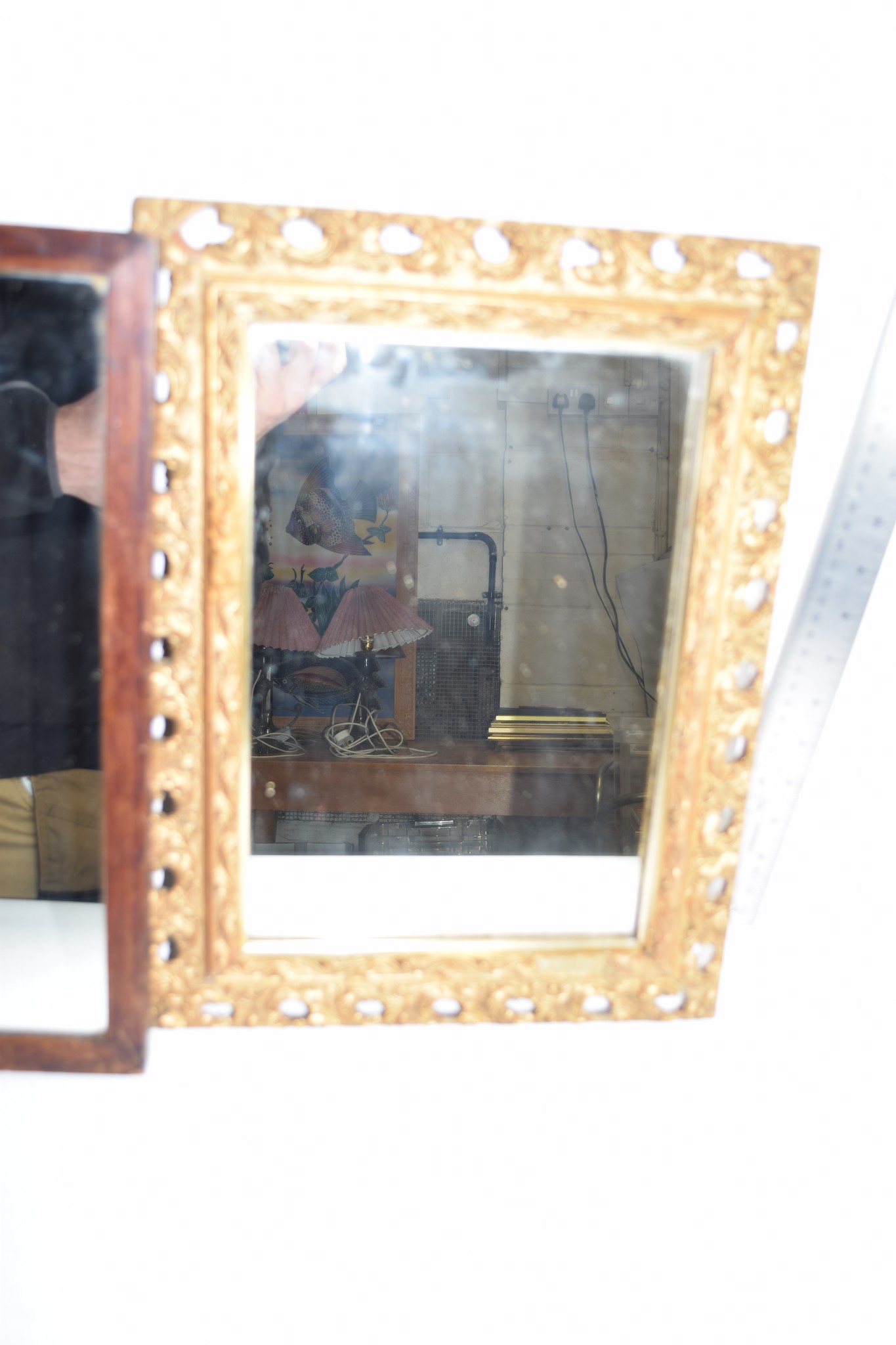 TWO MIRRORS, ONE IN WOODEN FRAME THE OTHER IN GILT FRAME AND COLLECTION OF BUTTERFLIES IN WOODEN - Image 2 of 2