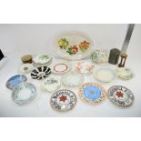 TRAY OF MAINLY CERAMIC ITEMS, SAUCERS, SERVING DISHES, DOULTON ASHTRAY, NO OF POTTERY TILES ETC