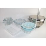 GROUP OF PIREX KITCHEN DISHES AND OTHER GLASS WARES AND METAL STRAINER