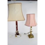 TWO TABLE LAMPS WITH SHADES ONE WITH WOODEN MOUNTS THE OTHER WITH CORINTHIAN COLUMN