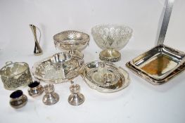 BOX QTY OF SILVER PLATED WARES INCLUDING FLOWER VASE AND COVER, GLASS FRUIT BOWL, OTHER SMALL PLATED
