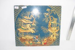 WOODEN PANEL WITH CHINESE LACQUER DECORATION OF PAGODAS