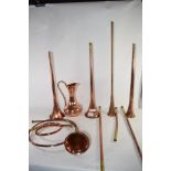 GROUP OF COPPER HUNTING HORNS AND COPPER EWER