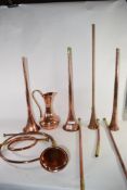 GROUP OF COPPER HUNTING HORNS AND COPPER EWER