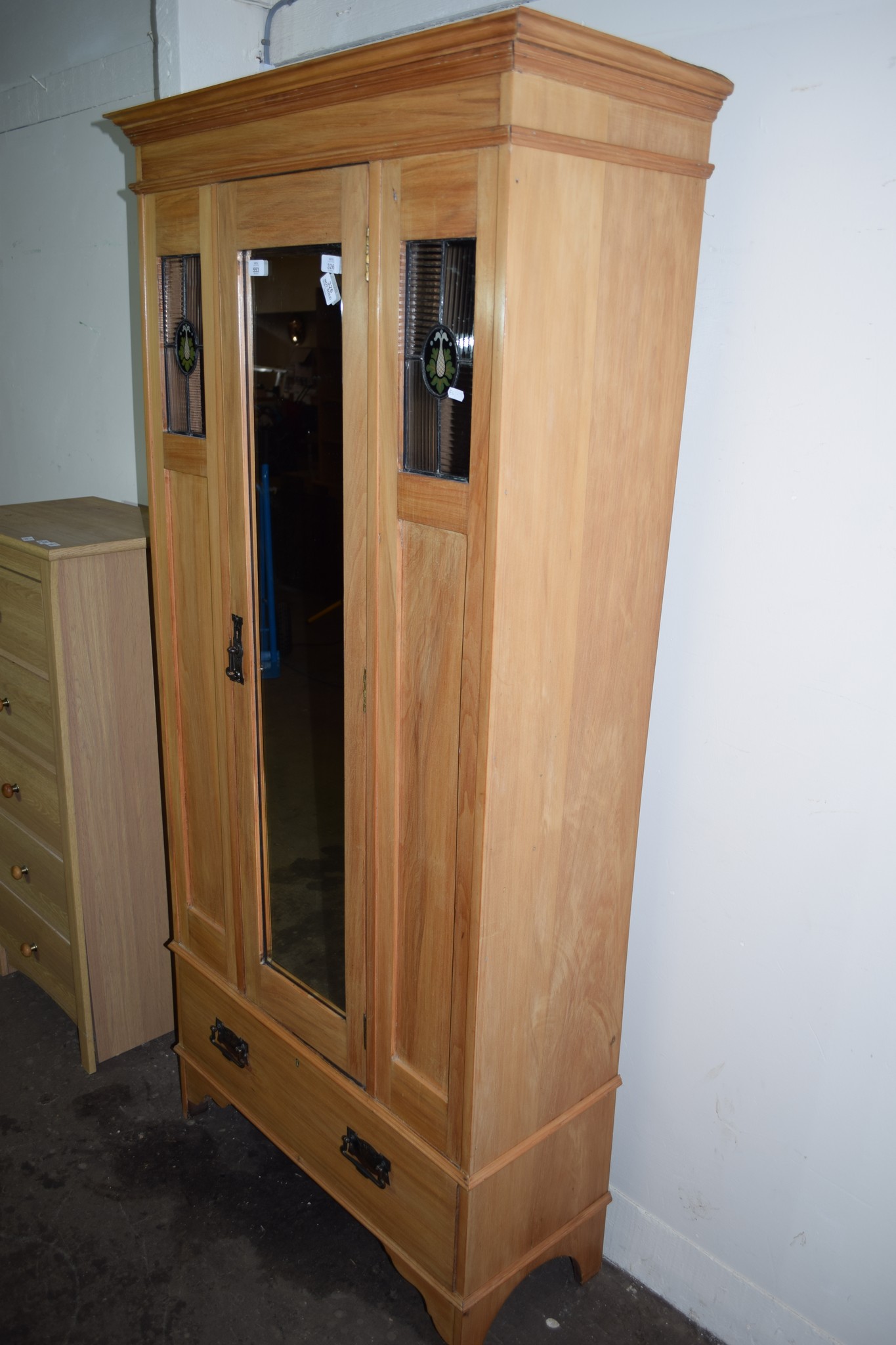 SINGLE WARDROBE WITH ART NOUVEAU DECORATION GLASS PANELS WIDTH APPROX 87CM - Image 2 of 2