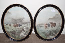 PAIR OF OVAL GILT TRIMMED BLACK FRAMES EACH CONTAINING A PRINT OF CATTLE