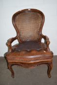 VICTORIAN CANE BACK AND LEATHER UPHOLSTERED ARMCHAIR APPROX WIDTH 66CM