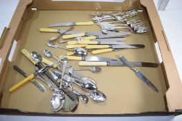 BOX QTY OF ASSORTED SILVER PLATE AND BONE HANDLED CUTLERY