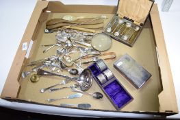 BOX ASSORTED SILVER PLATED WARES INCLUDING CUTLERY, CIGARETTE BOX, COFFEE SPOONS, GRAPE SHEARS,