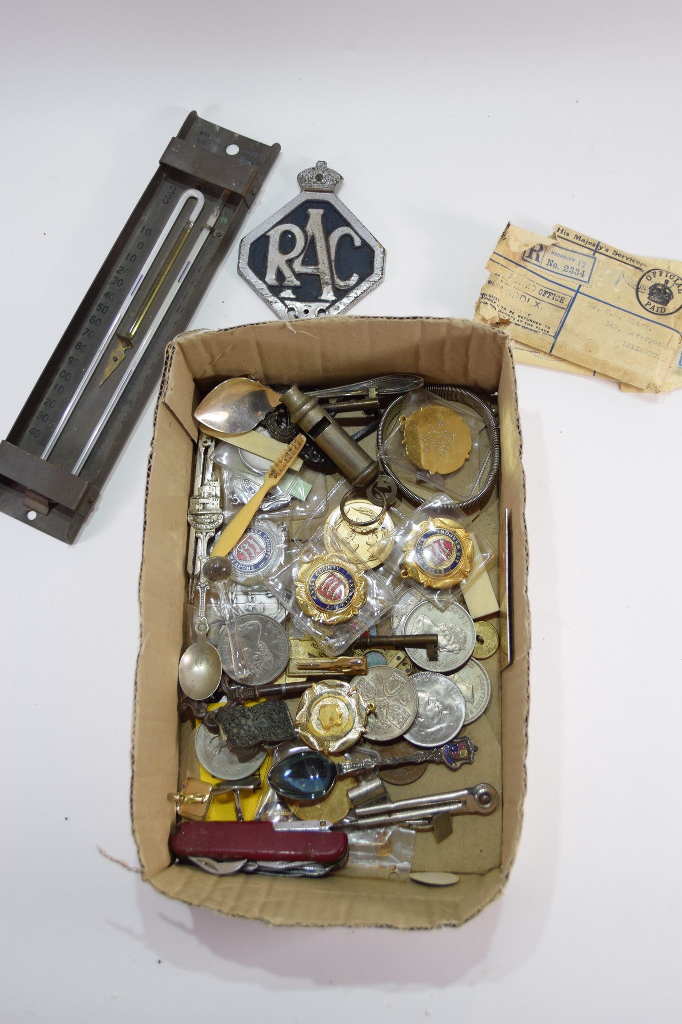 BOX VARIOUS COIND INCLUDING CHURCHILL CROWNS TOGETHER WITH RIFEL SHOOTING AWARD WHISTLE AND OTHER
