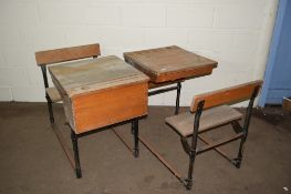 TWO METAL FRAMED SCHOOL DESKS WITH INTEGRAL CHAIR WIDTH APPROX 57CM MAX