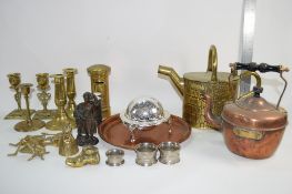 QTY VARIOUS METAL WARES INCLUDING WATER CAN SMALL KETTLE, BRASS PILLAR BOX MONEY BOX, CANDLE