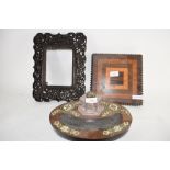 CARVED DUTCH STYLE PICTURE FRAME TOGETHER WITH A MARQUETRY BOX AND FURTHER WOODEN INK WELL